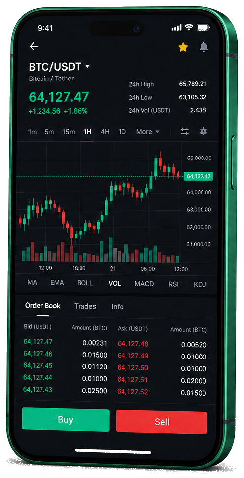 Platformă mobilă de tranzacționare Safe Finvics — cotații BTC/USDT live, registru de ordine și funcții de execuție